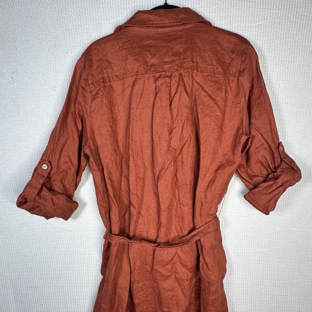 Magaschoni 100% Linen Shirt Dress Coral Roll Tab Sleeve Belted Size Large - Picture 9 of 13